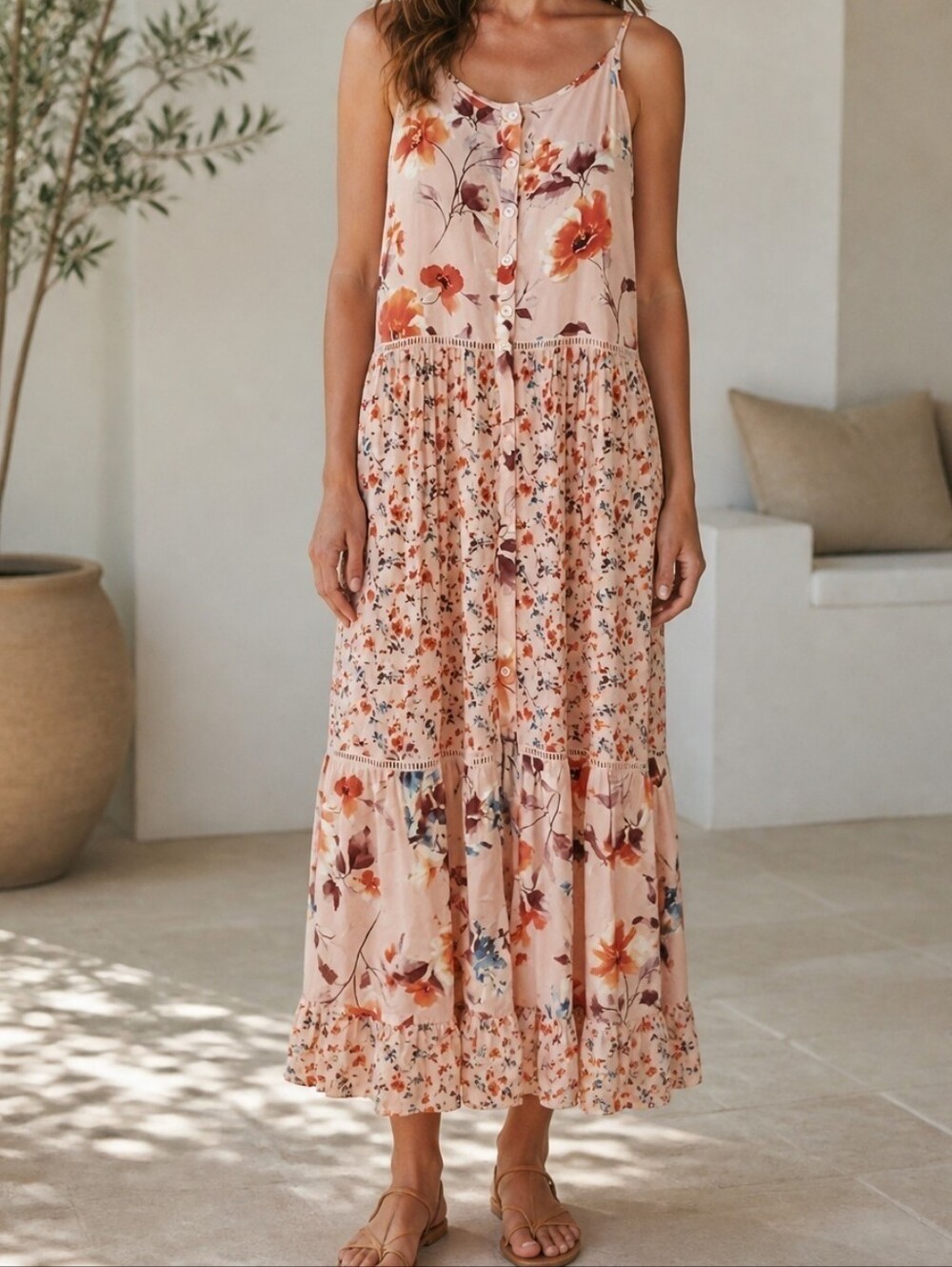 Band Of Gypsies Maxi Tiered Dress in Peach Floral Print Size L - Picture 1 of 9